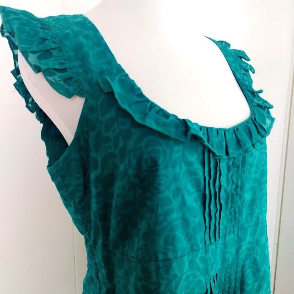 Teal Rose Floral Print Ruffle Cap Sleeve Dress